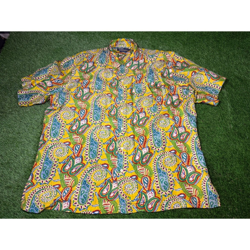 Polo by Ralph Lauren Mens XL Silk Short Sleeve Button Up Shirt Yellow Paisley
